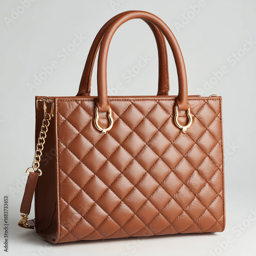 Elegant quilted brown leather tote handbag with gold chain strap isolated on white background