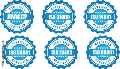 Set of ISO and HACCP Certified Badges: Quality Management System Standards Icons