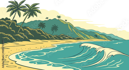 Vibrant tropical beach paradise with turquoise waters and lush greenery