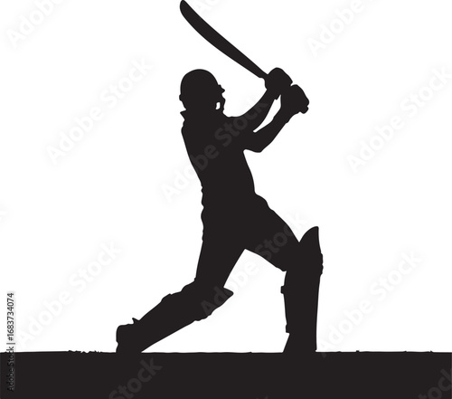 Clean black silhouette of a cricket batsman in a hitting stance with a bat on a white background sport