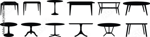 Table silhouette vector set, modern and classic table shapes, furniture icon collection, black dining table design, interior decor element