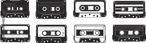 Vintage audio cassette tape set, retro music tape collection, old school mixtape icons, analog media design, nostalgic recording cassette