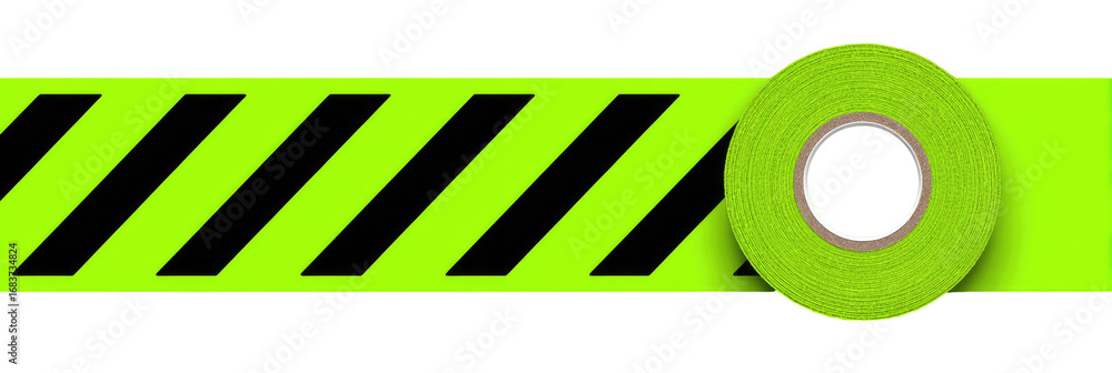 Obraz premium Bright lime green safety tape with black diagonal stripes, rolled on a reel