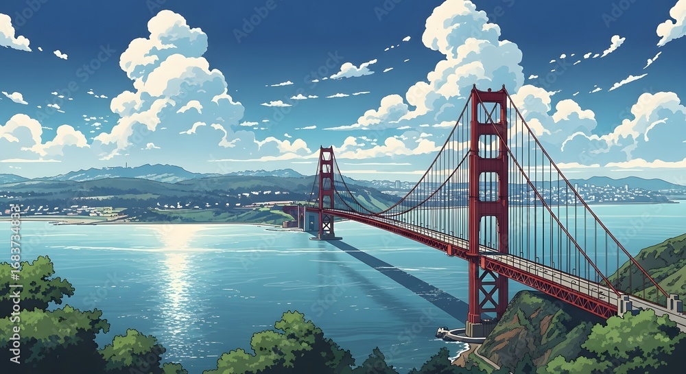 Fototapeta premium Retro Anime Style Golden Gate Bridge Landscape Illustration