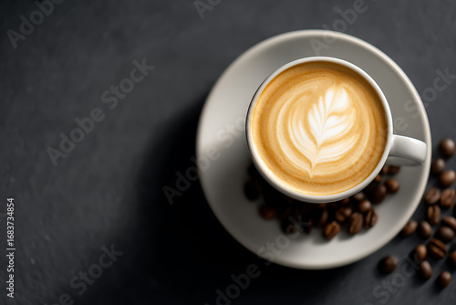 coffee photography, overhead view of latte art in coffee cup on saucer with beans