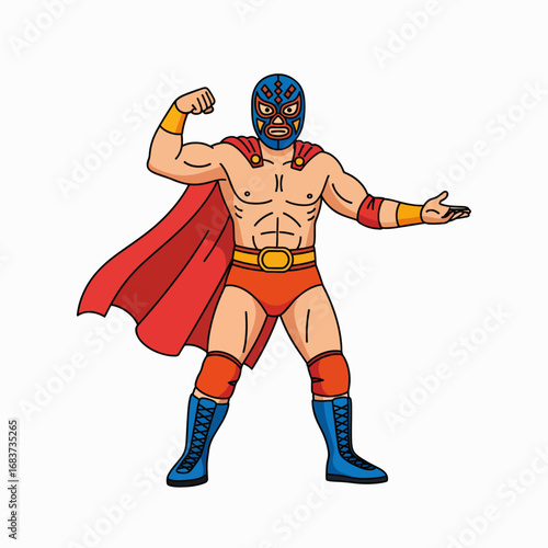 Powerful Mexican Luchador Wrestler Flexing Muscles in a Vibrant Costume