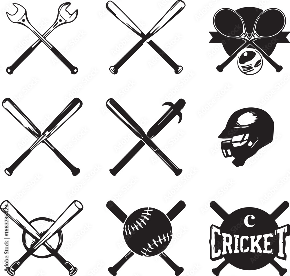 Obraz premium Emblematic Cricket and Sports Icons Featuring Crossed Bats Helmets and Balls baseball tennis