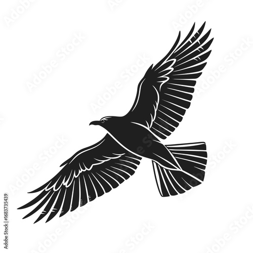 Geometric black bird silhouette in graceful flight, featuring distinct angular wing patterns and a powerful, dynamic pose, symbolizing freedom and strength in a modern, stylized design