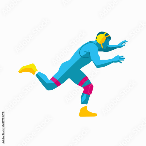 Dynamic Wrestling Athlete in Action with Colorful Gear and Athletic Pose Representing Strength and Competition