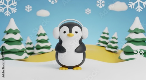 Adorable cartoon penguin enjoying winter music with headphones