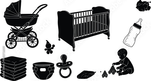 baby, care, items, stroller, crib, bottle, diaper, pacifier, toy, blanket, icon, vector, black, white, silhouette, infant, illustration, hygiene, parenting, essentials