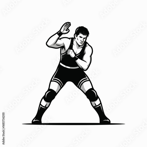 Wrestler in Fighting Stance Ready for Grappling Match Competition
