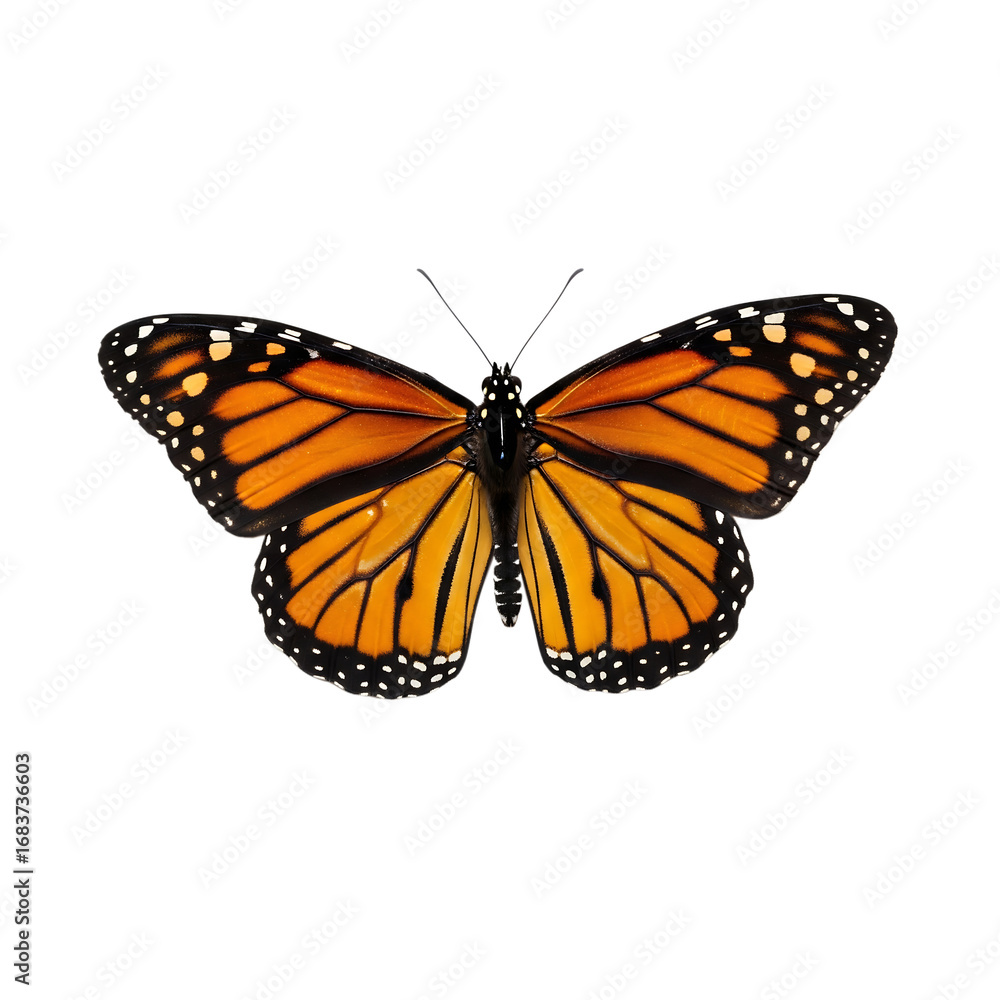 Fototapeta premium Monarch butterfly with orange black white wings isolated on a transparent background image