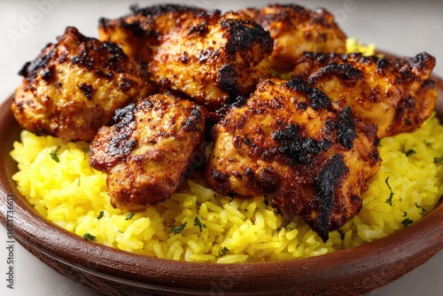 Spiced chicken tikka on yellow rice