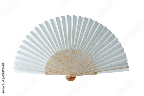 A pristine white paper fan with light beige wooden frame