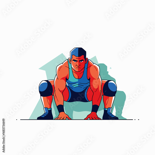 A Muscular Athlete in a Deep Squatting Position Ready to Compete in a Wrestling Match