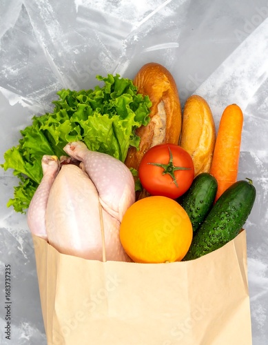 Grocery bag filled with fresh produce and chicken