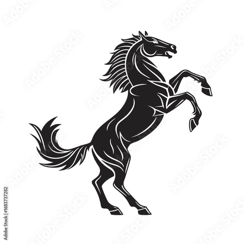 Majestic black stallion rearing up with a flowing mane, an elegant silhouette vector illustration for a powerful emblem or logo