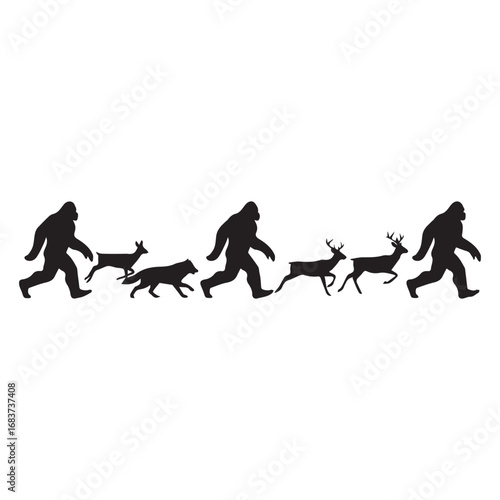 Bigfoot and Deer Silhouette Running Together in a Line