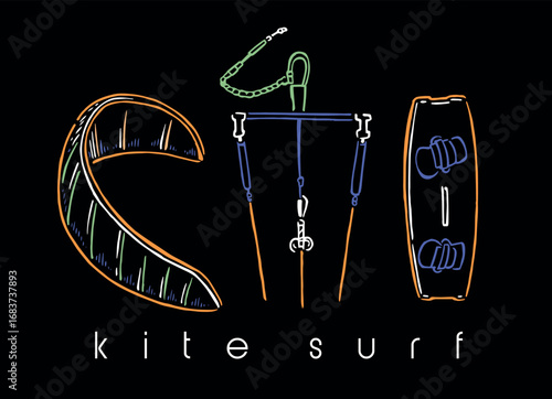 Colorful and stylized illustration of elements related to the practice of Kite Surfing.