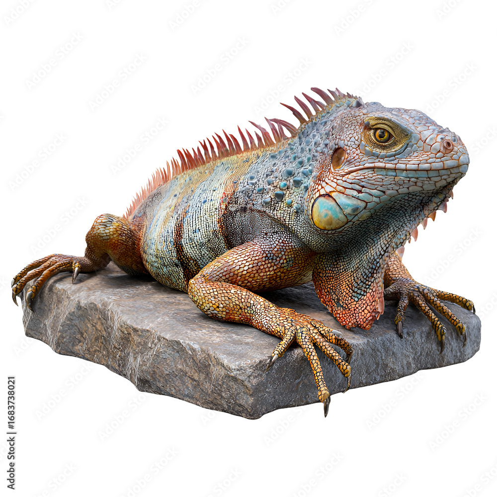 Fototapeta premium Detailed close up of a vibrant green and orange iguana reptile resting on a textured rock isolated on transparent background