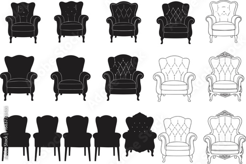 Vintage armchair silhouettes, elegant furniture collection, classic design, upholstered chairs, decorative seating, ornate patterns, black and white vector illustration