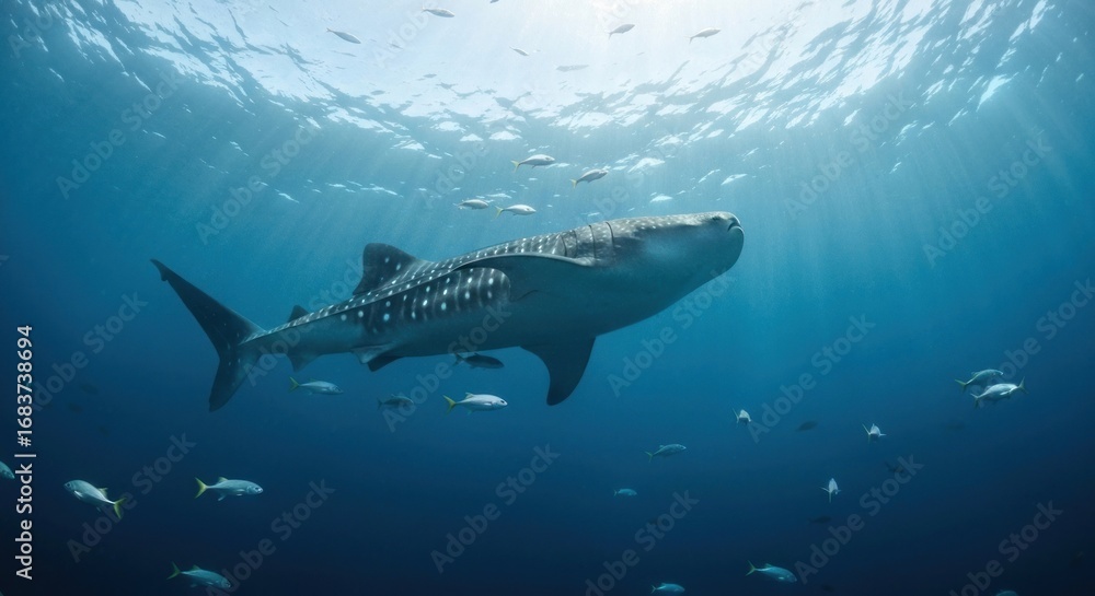 Obraz premium Whale shark in sunlit ocean. Schools of fish surround