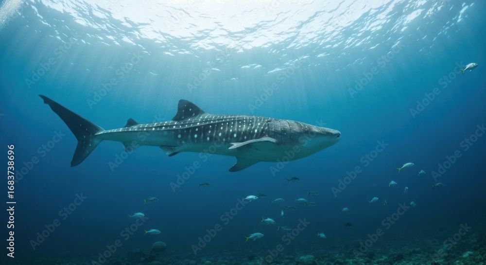 Obraz premium Whale shark swimming underwater, sunlight beams through