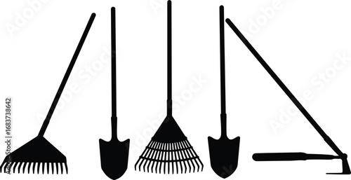Garden tool silhouettes rake shovel hoe isolated vector art for outdoor projects vector