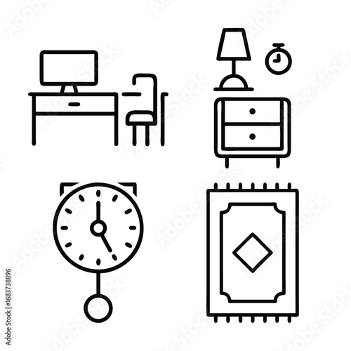 A collection of four minimalist line art icons depicting a desk with a computer and chair, a nightstand with a lamp and clock, a pendulum clock, and a rug.