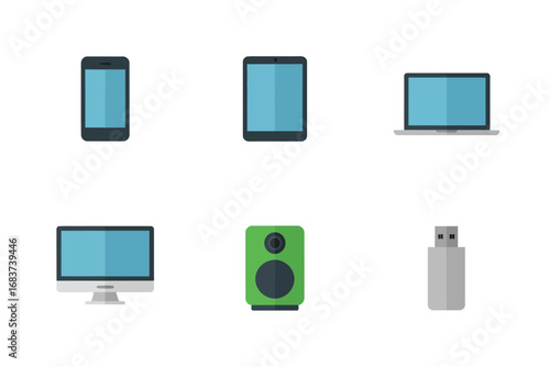 Technology and digital devices vector illustration set, smartphone laptop monitor speaker usb flash drive, electronic equipment flat design icons