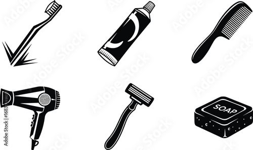 hygiene, grooming, toothbrush, toothpaste, comb, hairdryer, razor, soap, personal care, icon, vector, black, white, silhouette, illustration, clean, bathroom, daily, routine, essentials