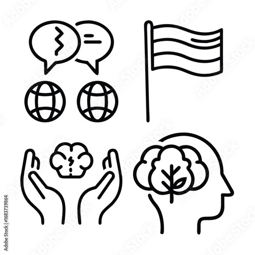 A collection of four distinct line art icons depicting global communication, diversity, mental health, and a pride flag.