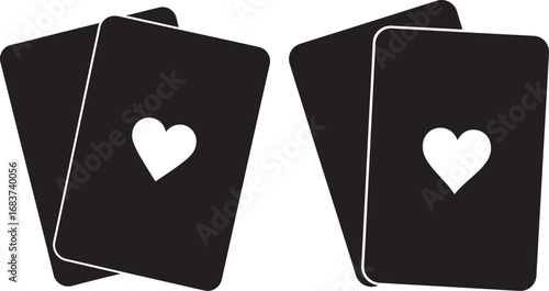 Two pairs of playing cards with heart symbols silhouette isolated on white background