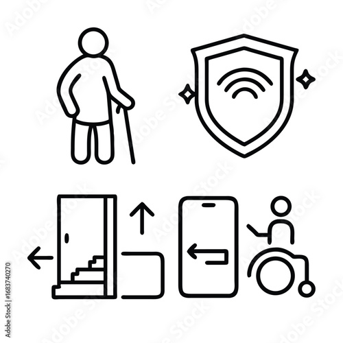 A collection of icons depicting an elderly person with a cane, a shield with Wi-Fi, a stair lift, and a person in a wheelchair with a smartphone.