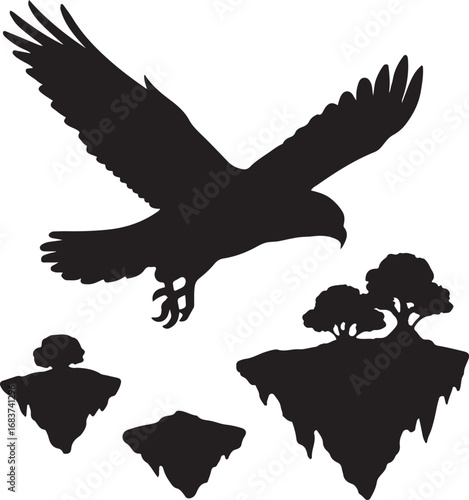 Black silhouette of a soaring eagle above floating islands with trees eagle silhouette bird of prey