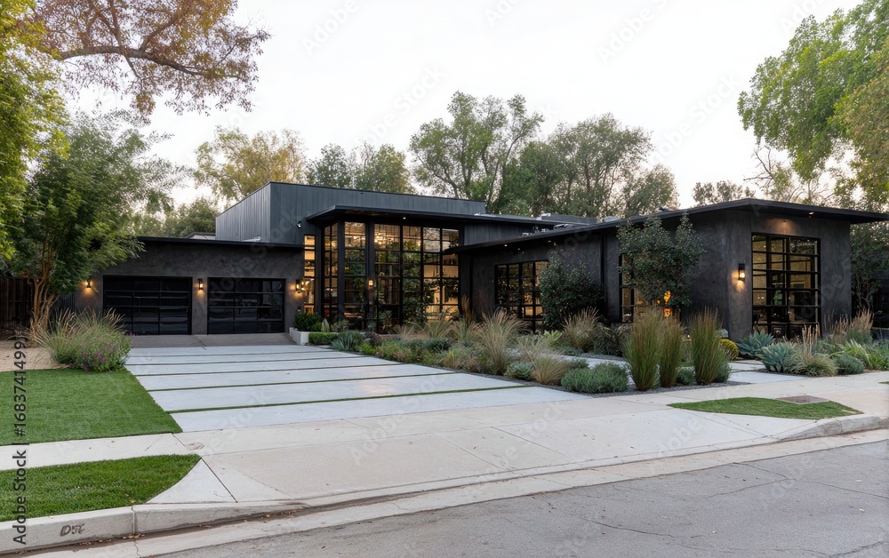 Fototapeta premium A modern residence with dark exterior walls, expansive windows, and a well-manicured lawn, situated on a residential street.