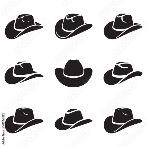Set Cowboy hat icon. Vector concept illustration for design. Vector black silhouette. with white background