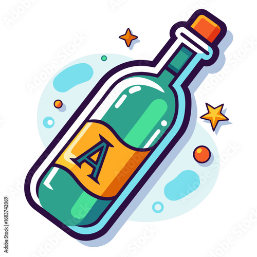 Cartoon bottle with letter A and stars