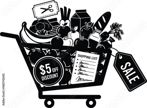 Grocery shopping cart, discount coupon, fresh produce, shopping list, supermarket sale, food budget clipart, grocery icon vector