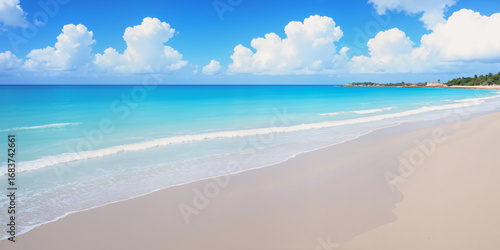A sandy beach during the day with waves and a sky and clouds in the background. AI generated.