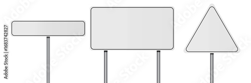Road traffic signs of different shapes on metal poles vector illustration set. 3d realistic white blank street signboards. Isolated empty roadside signposts to notice information, danger, guide.