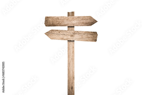 Blank wooden direction sign isolated graphic illustrated. Vintage cut timber signboard on wooden pole for information or advertising message.