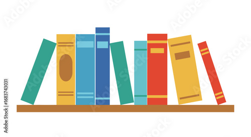 Colorful books arranged on a shelf, representing education, knowledge, and literature, isolated on white background, vector illustration