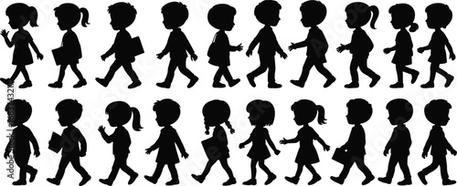 Children walking silhouettes, school kids side view, student routine vector, black outline illustration, educational concept, backpack, motion, childhood, graphic