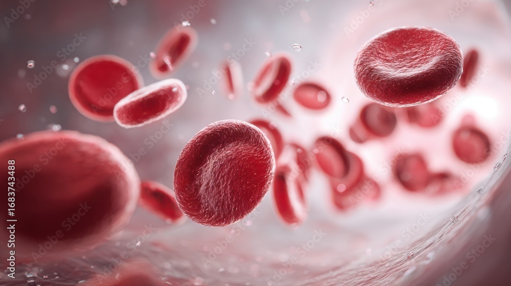 Fototapeta premium Red blood cells flowing through a blood vessel, showcasing intricate details and textures, illustrating the vital role of circulation in the human body and health