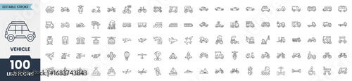 Vehicle icon set. Containing car, plane, bike, boat, truck, train, forklift, bicycle, motorbike, bus, rocket, flight, scooter, tractor and more. Editable stroke. Vector illustration