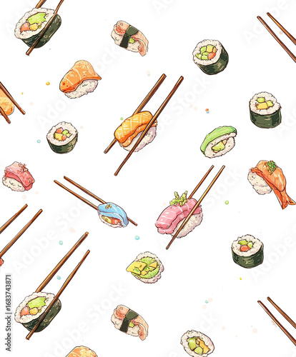 Colorful sushi pattern with chopsticks