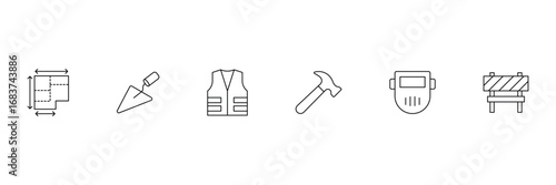 Labor outline icon set. Building trade related black line icons. Containing tools, construction, material, site, structure, plan, equipment, and bricks icons. Vector illustration.