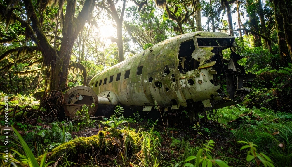 custom made wallpaper toronto digitalavión abandonado y corroÃdo por el paso del tiempo, cubierto de óxido y con partes de su fuselaje deterioradas. La aeronave está medio oculta entre la maleza, rodeada de un denso bosque con árboles